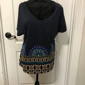 Desigual Womens XL V-Neck Tunic Top Blue/Yellow Boho Print Cotton NWT - Picture 1 of 9