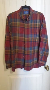 Vtg Pendleton Shirt Mens L Plaid LOBO Red Blue Aztec Wool Blend Flannel USA - Picture 1 of 6