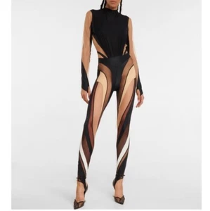 NWT MUGLER Sheer Panel Leggings Size 34 (XS) Authentic Black Tan - Picture 1 of 10