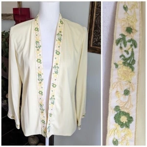 60s/70s Yellow Floral Embroidered Trim Open Front Cardigan Jacket Women's Medium - Picture 1 of 9