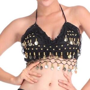Sexy Folded lace Coins Chiffon Belly Dance Bra Top Costume Black