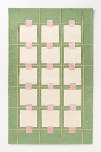 Wool Viscose Blend Tufted Area Rug Greer Geometric Handmade Green Pink Ivory - Picture 1 of 3