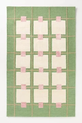 Wool Viscose Blend Tufted Area Rug Greer Geometric Handmade Green Pink Ivory - Image 1 of 3