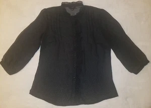 Banana Republic Black Ruffle Neck Chiffon Blouse Polka Dot Top Medium Sheer - Picture 1 of 8