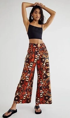 Free People Wide Leg Pants Women Menocra Cropped Printed Orange Vacay Sz 10 New - Image 1 of 4