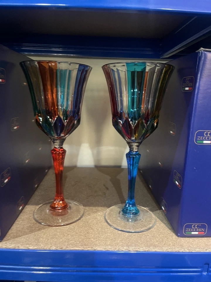 Pair of Murano Wine Glasses Multi Orange Blue Stem Hand Painted Venice - Image 1 of 1