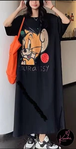 TaoYin Tom and Jerry Midi Dress Short Sleeve Side Splits Black Size 4XL - Picture 1 of 7