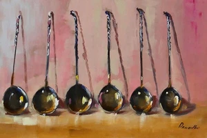 vintage GOLD SPOON Oil Painting COLLECTIBLE ART impressionism 8X12 - Picture 1 of 12