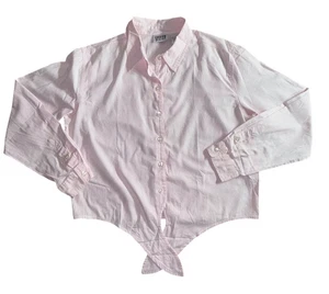 Chico's Design rosa weiß gestreiftes Shirt Top L Knopfleiste vorne zum Binden 100% Baumwolle - Bild 1 von 10