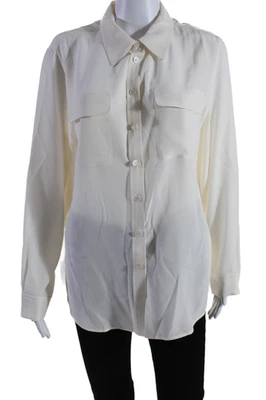 Two by Vince Camuto Womens Silk Collared V-Neck Buttoned Blouse Beige Size M - Image 1 of 4