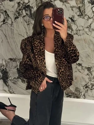 NWT ZARA Leopard Animal Print Velvet Crop Blazer Leopard 1255/757 XS, L - Image 1 of 4