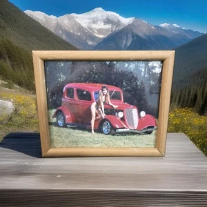 Saucy Framed Photo That SCREAMS 1980's Hair Metal - Bikini Babe With Hotrod!👙🏎 - Picture 1 of 2