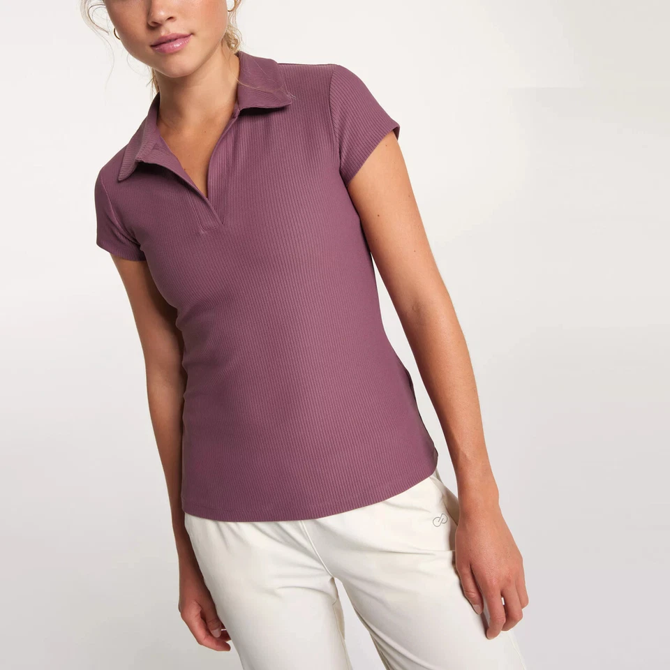CALIA Golf XXL Women's Ribbed Johnny Collar Polo Plum Raisin