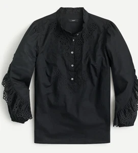 J. TOP CON MANGAS VOLANTES CREW OJALES BORDADOS TALLA MEDIANA ALGODÓN NEGRO NUEVO CON ETIQUETAS - Imagen 1 de 3