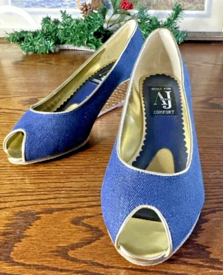 AJ Valenci Mujer Talla 8 W Cómodo Cuña Denim Borde Dorado Tacón Punta abierta #289100 Foto 1 de 4