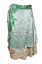 Women Short Summer Double Layer Silk Skirt, Green Printed Wrap Skirt One size