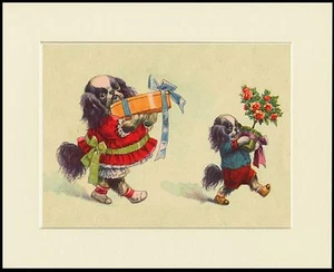 JAPANESE CHIN LITTLE DOGS CARRYING GIFTS DOG PRINT MOUNTED READY TO FRAME - Picture 1 of 1