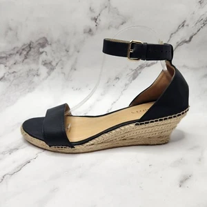 Talbots Black Leather Ankle Strap Espadrille Wedge Sandals Women's 10.5 - Picture 1 of 10
