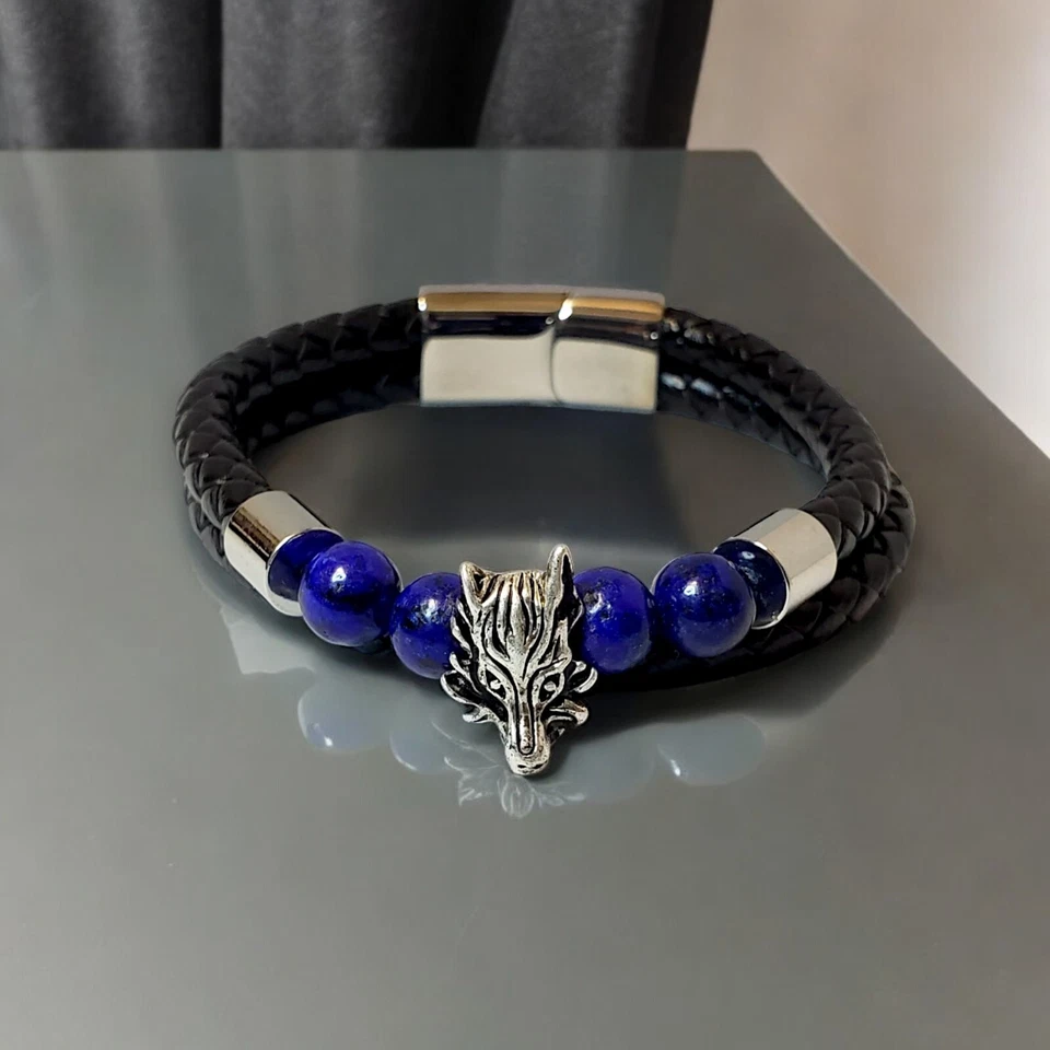 Men's Silvertone Dragon Lapis Beaded 2 Row Black Genuine Leather Bracelet 8 Inch - Image 1 of 4