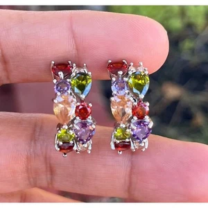 18K White Gold Filled Multi Color AAA Zircon Hoop Earrings statement hoops, gift - Picture 1 of 8