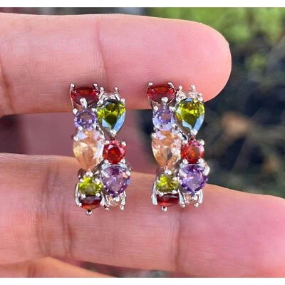 18K White Gold Filled Multi Color AAA Zircon Hoop Earrings statement hoops, gift - Image 1 of 4