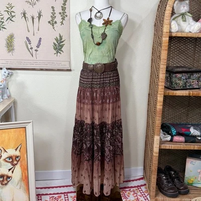 90-х годов Y2k цветочный ярусный бисером блестки макси юбка фея гранж прихоть хиппи богемное M - Изображение 1 из 4