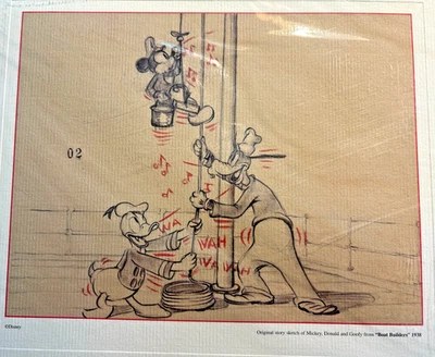 Disney 1938 "Constructores de barcos" boceto de historia original del Pato Donald, Mickey y Goofy Foto 1 de 4