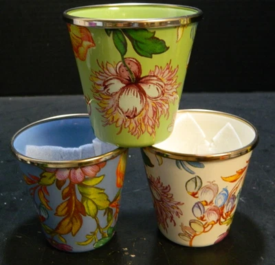 (3) Macetas de hierbas esmaltadas Mackenzie Childs Flower Market (verde, azul, blanco) nuevas en paquete Foto 1 de 4
