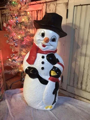 Blow Mold Lighted Snowman With Carrot Nose And Penguin Friend Union Products