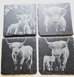 Set of 4 slate Highland Cow coasters, drink holders, Scotland, Farm animals,home - Picture 1 of 5