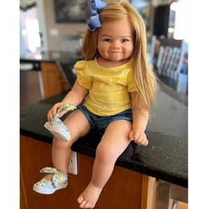 28" Painted Reborn Baby Doll Toddler Girl Yellow Hand-Rooted Hair Cloth Body Toy - Picture 1 of 3