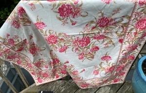 April Cornell Floral Cotton Tablecloth 55” Square Pink Carnations Moss greens - Picture 1 of 7