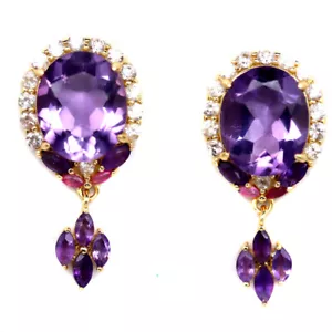 Gema Amatista Violeta, Rubí Rojo & Blanco Circonita Pendientes 925 Plata de Ley - Imagen 1 de 4