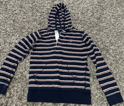Polo Ralph Lauren 女孩海军蓝、粉色、绿色条纹 100% 棉连帽衫,尺寸 S — 第 1/4 张图片
