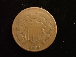 Rare 1869 Philadelphia Mint Copper Two Cent Piece Coin - Picture 1 of 2