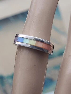 Rainbow Mother Of Pearl Inlay Sterling Silver Band Ring Size 6 Signd ND? - Image 1 of 4