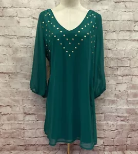 GB Juniors Shift Dress Large Green V- Neck Studded Chiffon Sheer Sleeve NEW - Picture 1 of 6