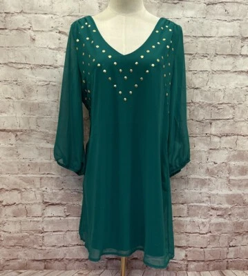 Vestido recto GB Juniors grande verde cuello en V tachonado gasa manga transparente NUEVO Foto 1 de 4