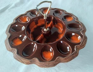 MCM Sequoia Ware USA 725 Orange Brown Deviled Egg Plate Handle Lava Gloss Wood - Picture 1 of 12