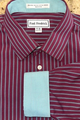 Paul Fredrick Men’s Cranberry & Green Striped Classic Fit L/S Shirt Size 17 x 35 - Image 1 of 3