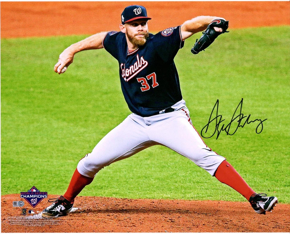 Stephen Strasburg Nationals Signed 2019 WS Champs 16 x 20 WS Pitching Photo - Image 1 of 1