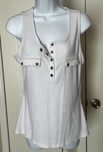 ☀️WOMEN'S MED WHITE SLEEVELESS w/SNAPS SCOOP NECK RIBBED TANK - Picture 1 of 8