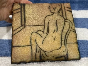Artist Signed Rear View Female Seated Figure Glazed Tile Painting Sculpture - Bild 1 von 2