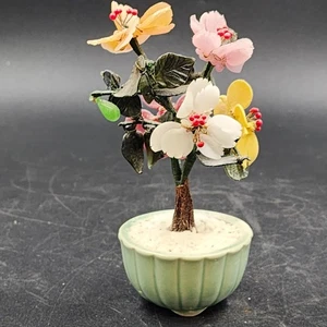 Glas Jade Stein asiatischer Bonsai Baum Seladon Topf rosa gelb Blumen 6,5" Vintage - Bild 1 von 7