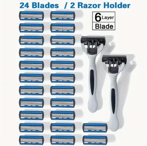 Men'S Manual Shaver Set: 2 Ergonomic Handles & 24 Large Razor Blades, 6-Blades - Picture 1 of 13