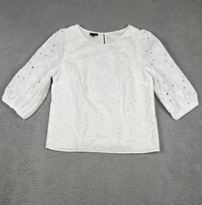 Talbots Women's Petite Top 3/4 Sleeve White Embroidered Floral Blouse Lined 10p