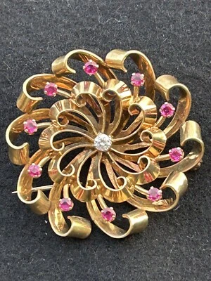 Broche prendedor floral remolino circular Tiffany & Co 14K diamante rubí 1,15 TCW 13,8 grm Foto 1 de 4