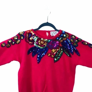 Sequin Sweater Womens Size S 80s Vintage Vivat Pink Pullover Long Sleeve Holey - Picture 1 of 12