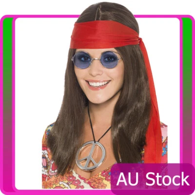 Damas Hippy Chick Kit Años 60 70 Hippie Groovy Marrón Peluca Años 70 Accesorios de Disfraz Foto 1 de 2