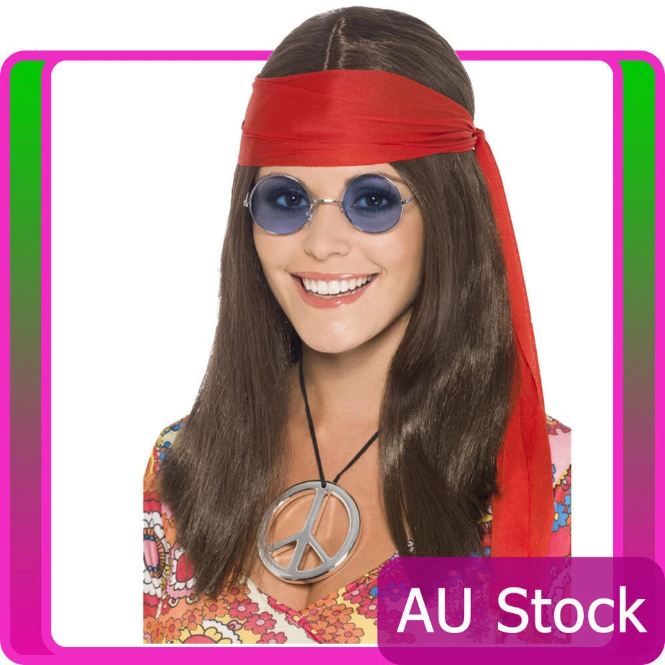 Kit feminino hippie garota anos 60 anos 70 peruca marrom hippie groovy acessórios fantasia anos 70 - Imagem 1 de 2